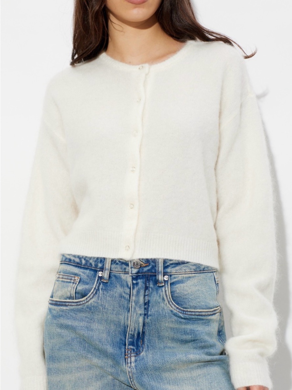 Women’s Cream Button-Front Cozy Crewneck Cardigan